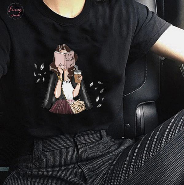 

новое прибытие tee печати рубашка christmas femme harajuku gothic печати девочка читать книгу amp; пить кофе vogue женской одежды 2019 tops, White