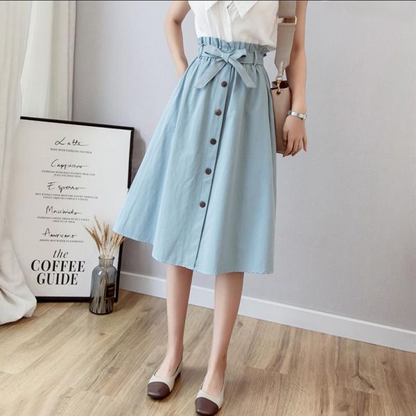 

high waist midi a-line long skirts womens 2019 summer elegant pleated skirts with bow button female saia 4 color aq657, Black;gray