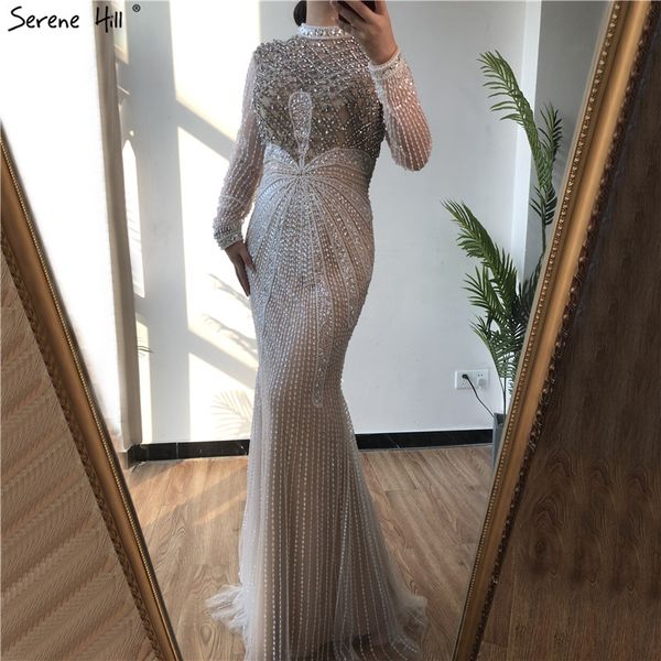 

party dresses dubai luxury white nude mermaid prom 2021 long sleeves diamond beading formal dress serene hill dla70274, White;black