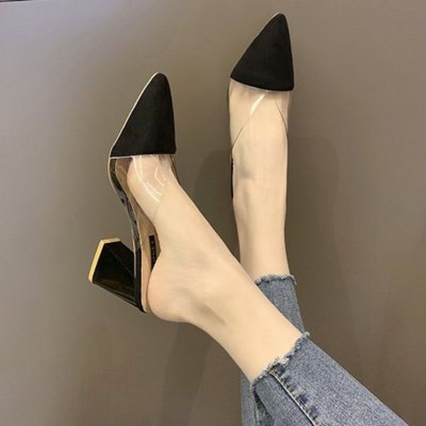 

pointed half slippers female 2019 new summer thick with baotou single shoes high heel net red muller slippers women wear, Black
