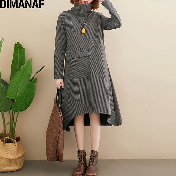 

dimanaf autumn winter women dress vintage turtleneck plus size cotton thicken warm elegant female lady vestidos striped dresses, Black;gray