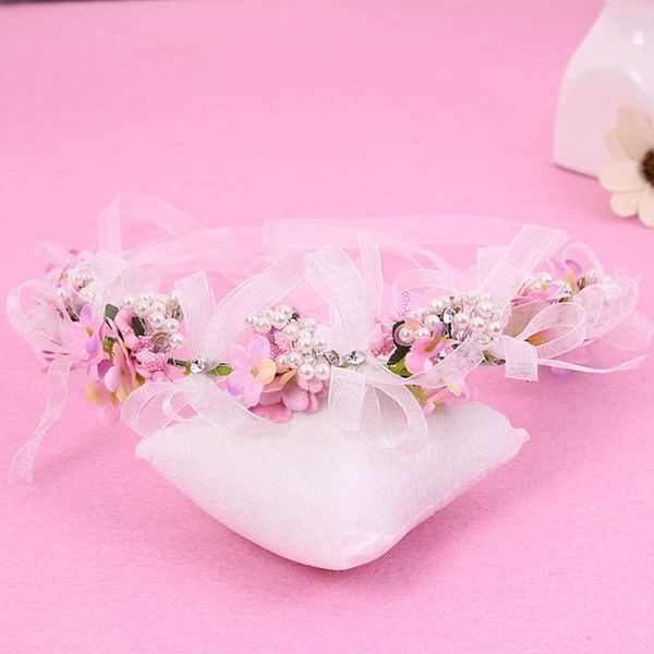 

fairy handmade flower simulated pearls headband with ribbon wreath wedding party ladies girls garlands floral crown hairband lb, Golden;white
