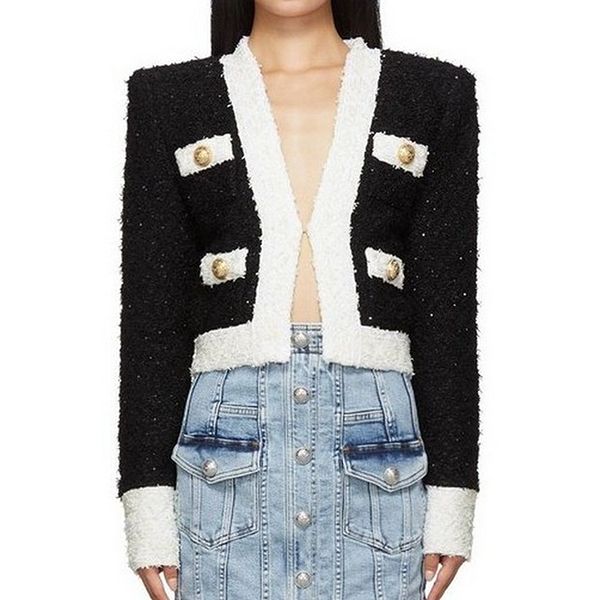 

women's jackets 2021 est designer jacket black white contast color shimmer tweed short, Black;brown
