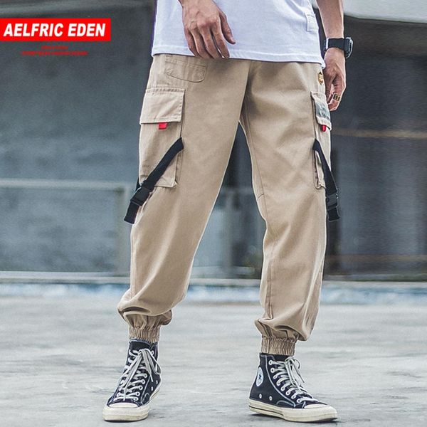 

aelfric eden patchwork pockets ribbons men harem cargo pants 2019 harajuku hip hop casual joggers male track trousers streetwear, Black