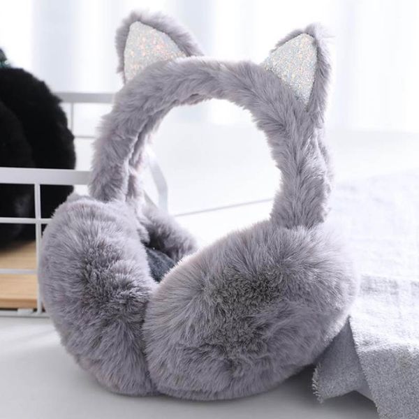 

calymel winter gifts women girls foldable earmuffs faux fur cute glitter sequins cat ears earflap ear cover warmer, Blue;gray