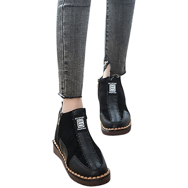

women winter boots flat round toe suede shoes comfortable soles zipper keep warm shoes female autumn warm soft flat with, Black