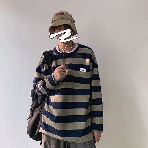 

2019 spring and autumn new pocket decoration striped hoodie color matching fashion casual pullover blue / green black m-xl