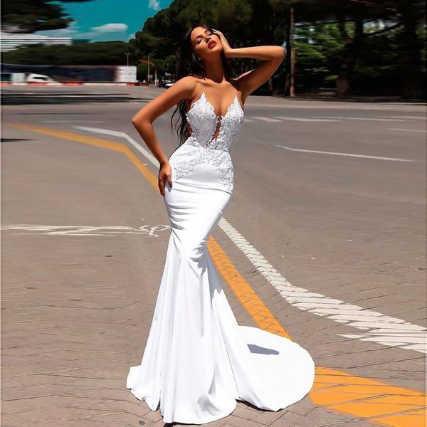 

amazing mermaid lace beach wedding dresses sheer plunging neck beaded bridal gowns sweep train satin robes de mariÃ©e, White