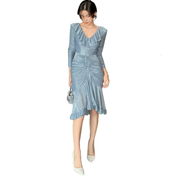 

fashion tide autumn and winter new fashion solid color retro bag hip long section over the knee fishtail skirt dress women pb399, Black;gray