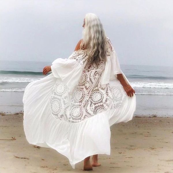 

2020 new bikini cover-ups belted summer dress white lace cotton tunic women plus size beach wear swim suit cover up