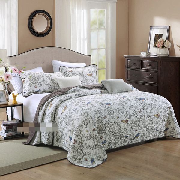 

european american style 3pcs printing cotton clip patchwork quilt full/ size bird bed cover/bedspread an