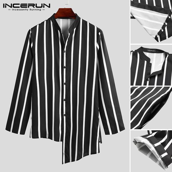 

incerun fashion men irregular shirt long sleeve stand collar casual chic kurtas button up streetwear muslim kaftan camisa, White;black
