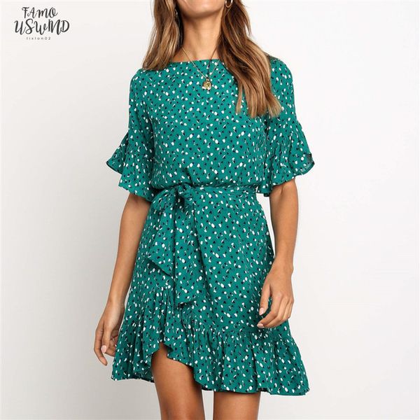

ruffles floral print dress women summer short sleeve o neck sashes dress ladies mini boho beach sundresses, Black;gray