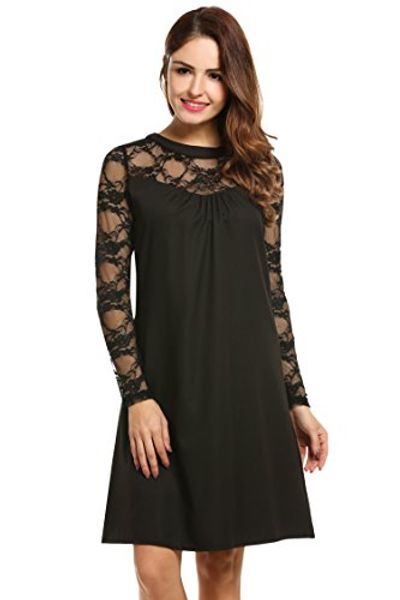 

women's lace loose patchwork casual mini chiffon dress, Black;gray