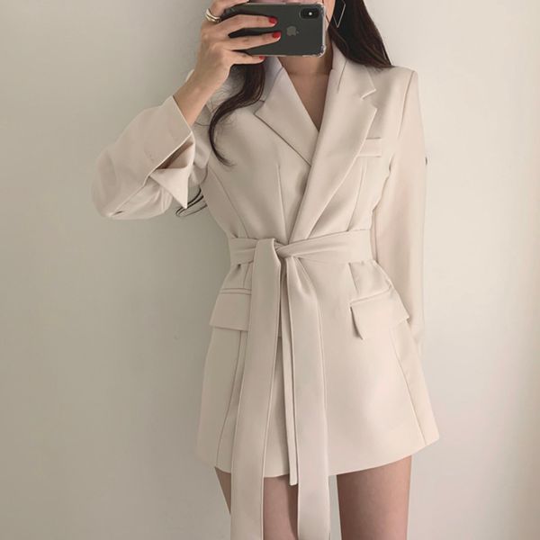 

vintage bandage women blazer turndown collar sashes women jacket elegant slim outerwear 2019 autumn full sleeve blazers jacket, White;black