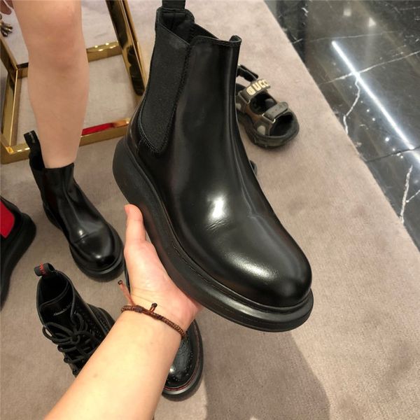 

wild fashion retro round toe thick calfskin women's short boots stretch short boots leather short women's boots size 35-40 02, Black