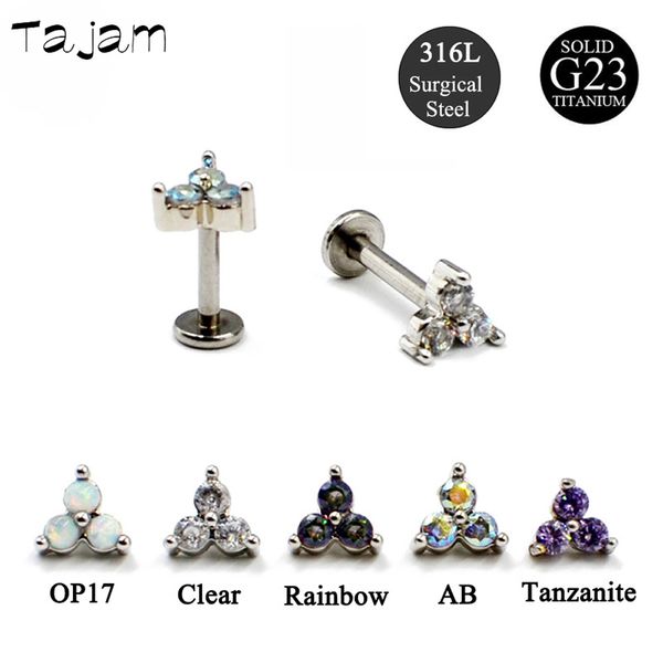 

1pc titanium steel triangle zircon labret studs earring internal threaded opal tragus cartilage piercing jewelry ing, Slivery;golden
