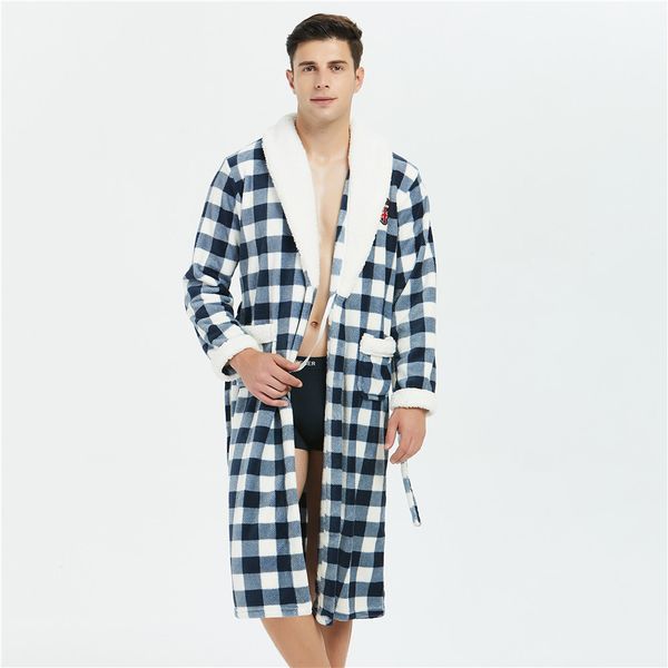 

short nightgown men autumn winter plaid flannel robe nightwear home clothing coral fleece coral fleece kimono gown home wear, Black;brown
