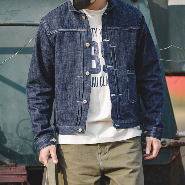 

men's jackets 2021 14.8oz washed denim jacket casual retro regular fit button up spring autumn jean with back buckle, Black;brown