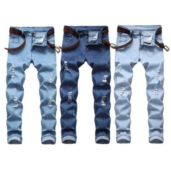 

mens jeans stretch slim hole color denim trousers american style zipper decoration mens fashion jeans, Blue