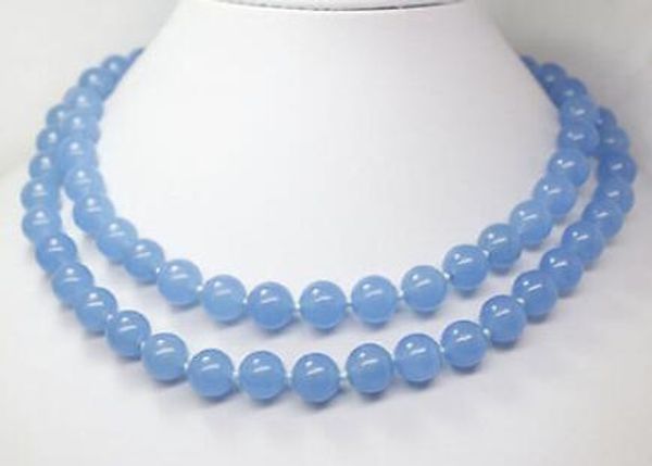 

10mm malay stone round beads necklace 34" fashion jewelry, Silver