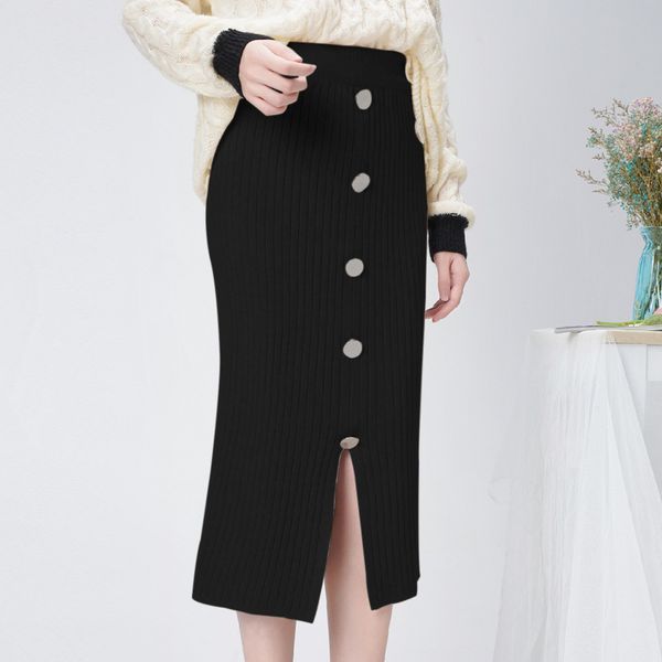 

high waist winter knitted women skirts 2019 autumn warm casual skirt long female front split rib skirts with buttons streetwear, Black