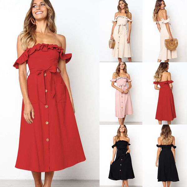 

one 2019 word collar single row buckle pure color dress, Red;white
