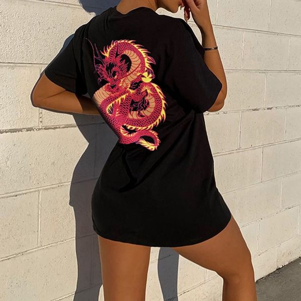 

women's summer streetwear black harajuku vintage chinese dragon print tee oversized losse casual t-shirt 2020, White