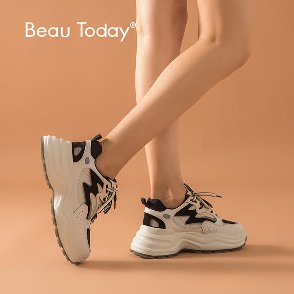 

beautoday chunky sneakers women cow leather mesh style lace-up mixed colors lady casual thick shoes handmade 29326, Black