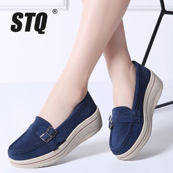 

stq 2019 autumn women flats shoes platform sneakers shoes leather suede casual slip on flats heels creepers moccasins 3039, Black