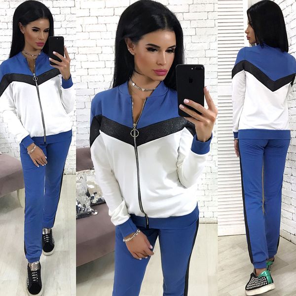 

2019 fashion ladies long sleeve jacket pants two-piece sets designer brand zipper tracksuit casual women sports coat trousers suits, White