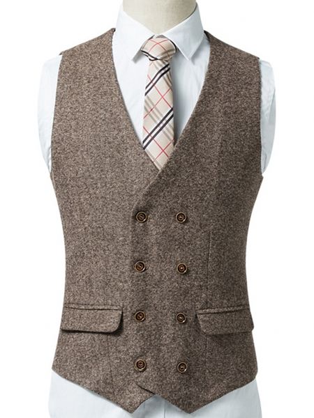 

customized double-breasted tweed vest wool herringbone groom vests pockets men's suit vests fit men's dress vest wedding waistcoat, Black