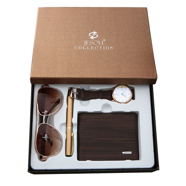 

luxury minimalist quartz wristwatch wallet sunglasses pen watches men gift set watch for dad husband boy friend, Slivery;brown