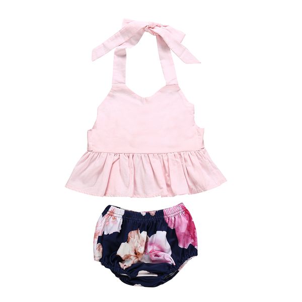 

newborn infant baby girls clothes sets 2pcs pink sleeveless flowers shorts pants clothes outfits, White
