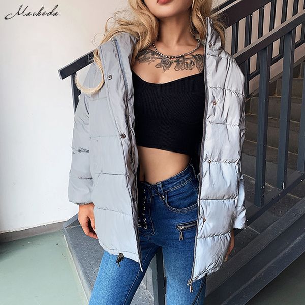 

macheda winter fashion reflective warm long coat womens silver party zipper outerwear lady loose casual jacket 2019 new, Black
