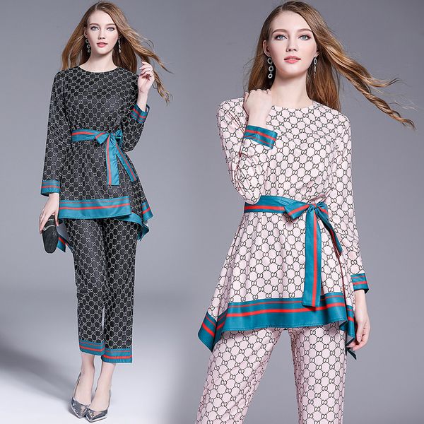 

2019 pring ummer fall runway 2pc women ladie et vintage letter print crew neck long leeve hirt blou e pant track uit outfit, White