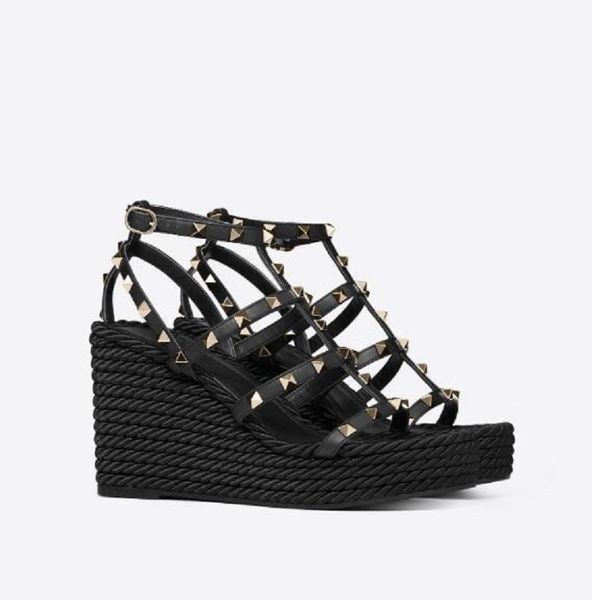 

summer platform gladiator sandals women strap high heels pumps rock-stud wedges sandals dress party high heels espadrilles, Black