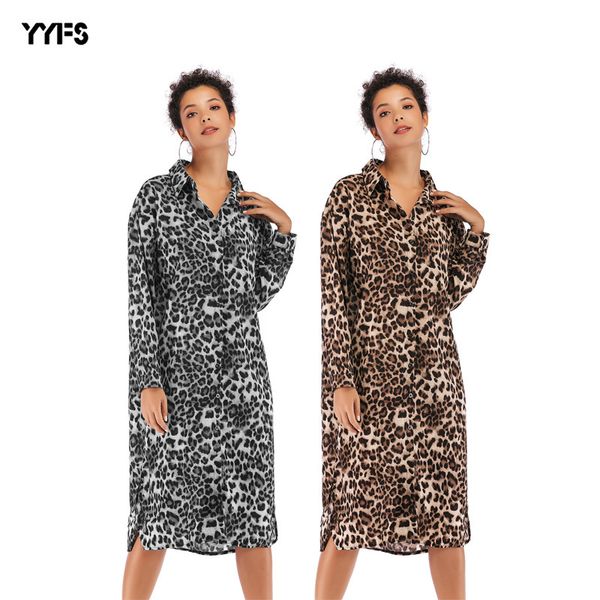 

женская дизайнерская сезонная кнопка отворотом сексуальное леопардовое платье с длинным тонким разрезом рубашка юбка, Black;gray