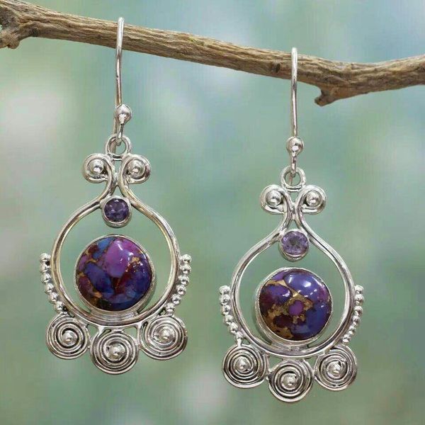 

fashion bohemian silver geometry moonstone drop earrings for women round natural amethysts earring female zircon boho jewelry