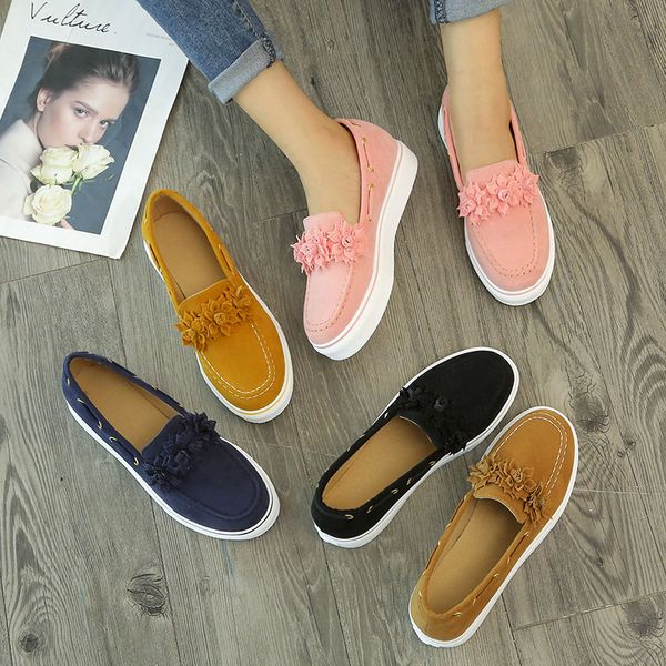 

big size 35-43 woman loafers platform shoes faux suede slip on flat casual shoes flowers sewing boat zapatos mujer 78l85, Black