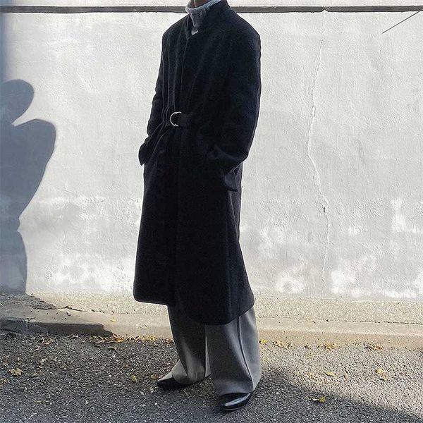 

мужской vintage вскользь сыпучие trench куртка шинель мужчины осень зима пояс длинная шерсть пальто верхняя одежда, Black
