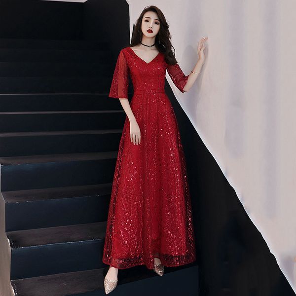 

lady v neck evening party gown cheongsam exquisite sequins bling mesh maxi dress qipao mid sleeve beads vestidos de festa, Red