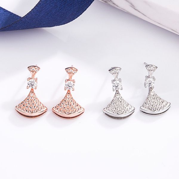

s925 sterling silver earrings creative small skirt earrings micro-inlaid temperament women's fan-shaped earrings, White