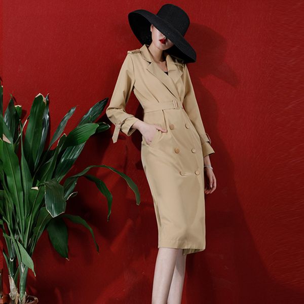 

khaki lapel long sleeve double-breasted belt slim windbreaker woman vintage fashion 2020 spring coat new v752, Tan;black