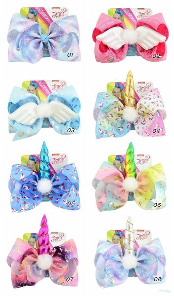 

new 14 styles jojo unicorn hair bows star heart bows with clip fur ball horn hairpins for baby girl, Slivery;white