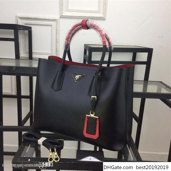 

new 2019prada saffiano double bag bn2775 calf cacao black peonia leather handbag size:35x25x14.5cm