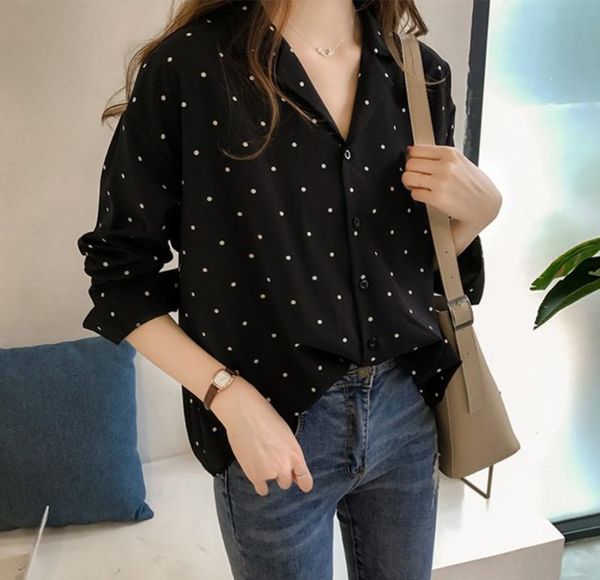 

polka dot printed chiffon shirt women's early autumn women's dress new style hong kong flavor long-sleeved upper garment korean, White