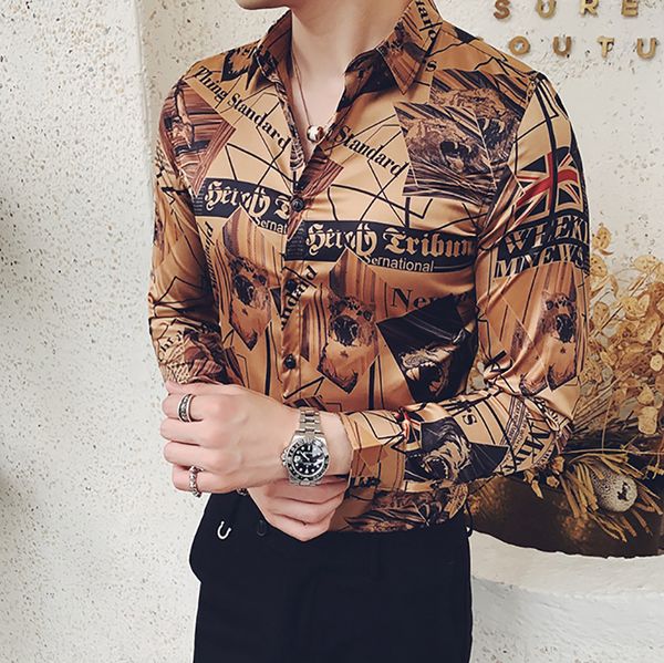 

new european and american men's long sleeve shirt men's letter printed shirt casual shirt men party wear shirts, Black