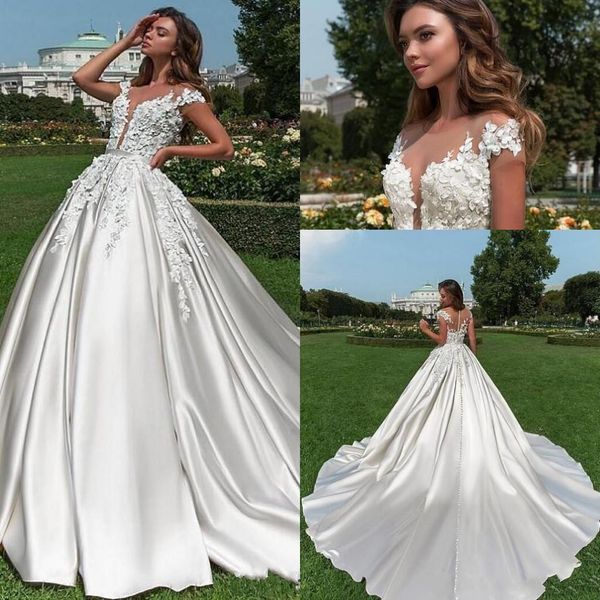 

vintage country style short sleeves lace wedding dresses 2020 winter beach a line satin lace appliqued bridal gowns with long sweep train