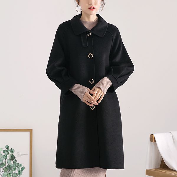 

autumn and winter 2019 new double-sided cashmere coat women's medium long korean hepburn wool woolen sweater, Black